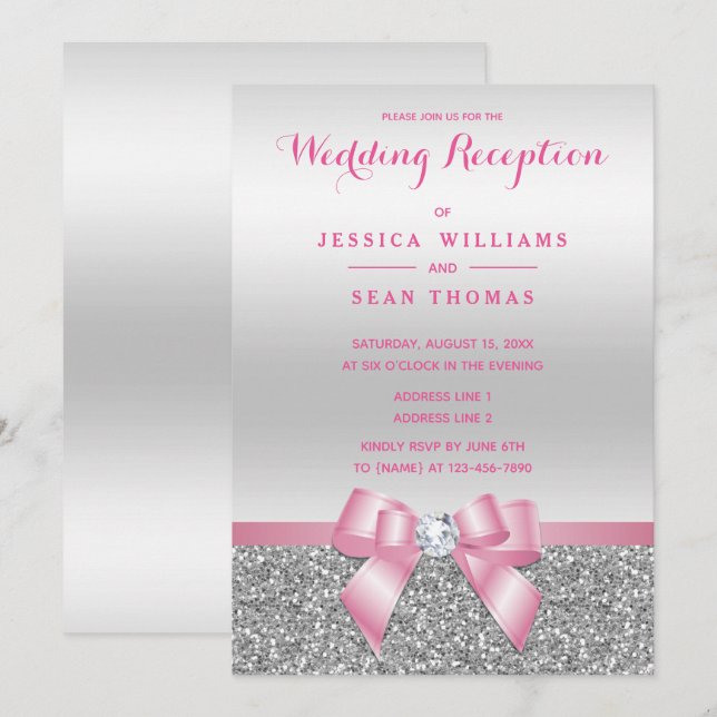 Invitation Romantique Bow rose Argent Parties scintillant Réc (Devant / Derrière)