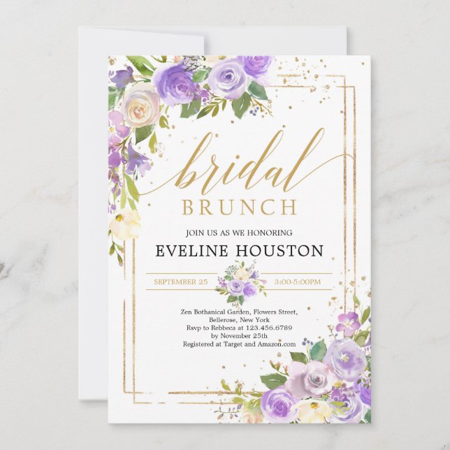 Invitation Romantique cadre fleuri violet or cadre brunch nup (Devant)