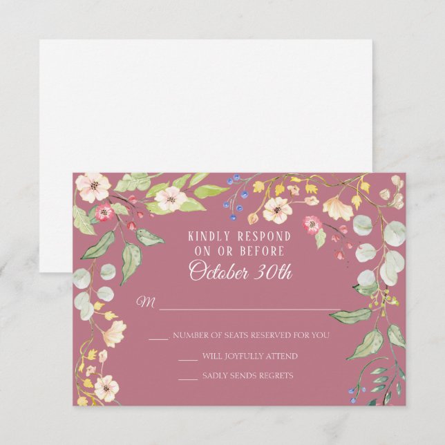 Invitation Romantique Chintz Dusty Berry Pink Aquarelle RSVP (Devant / Derrière)