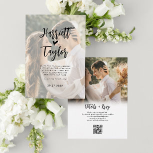 Invitation Romantique Coeur Script 2 Photo QR Code Mariage