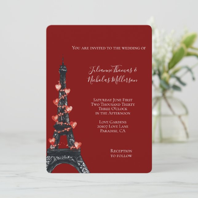Invitation Romantique Coeurs rouges Mariage Tour Eiffel (Debout devant)