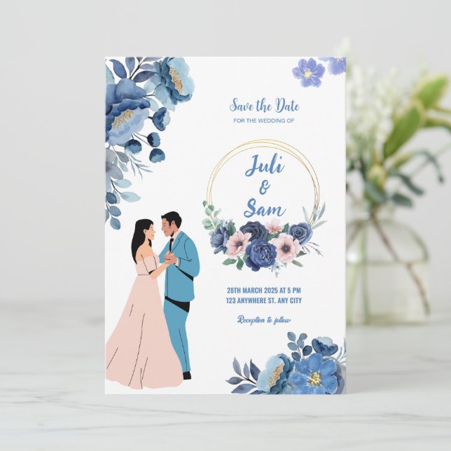Invitation Romantique Couple Dancing Design Blue Floral Maria (Debout devant)