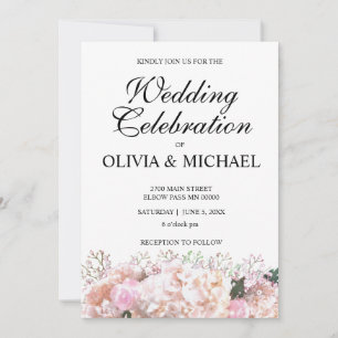 Invitation Romantique dentelle blanche hydrangée roses rose M