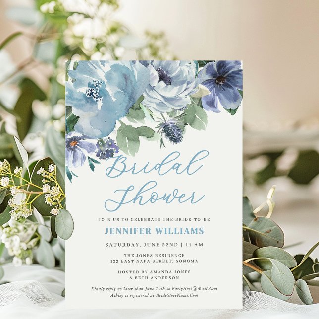 Invitation Romantique Dusty Blue Floral Fête des mariées Part (Créateur téléchargé)