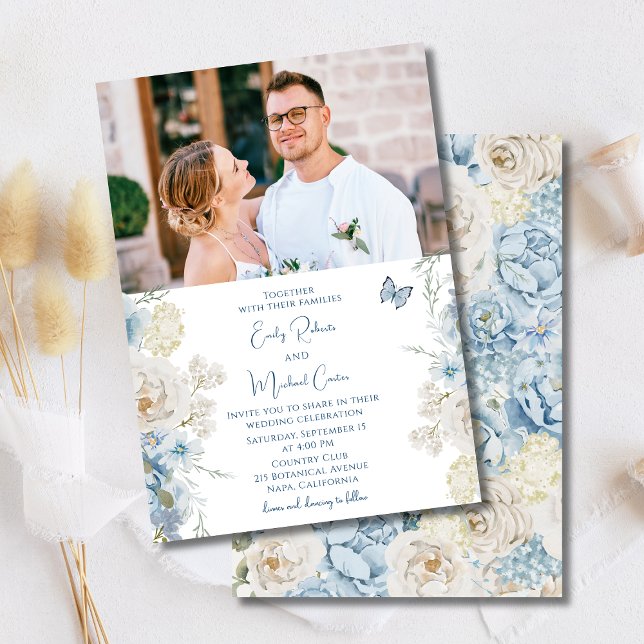 Invitation Romantique Dusty Blue Floral Mariage photo (Créateur téléchargé)