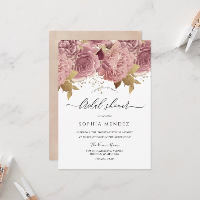Invitation Romantique Dusty Roses Fête des mariées broussaill (Devant/Arrière en situation)