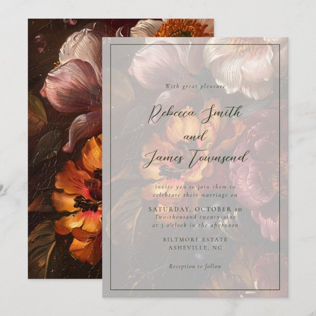 Invitation Romantique Elegant Art Floral Peinture Mariage (Devant / Derrière)