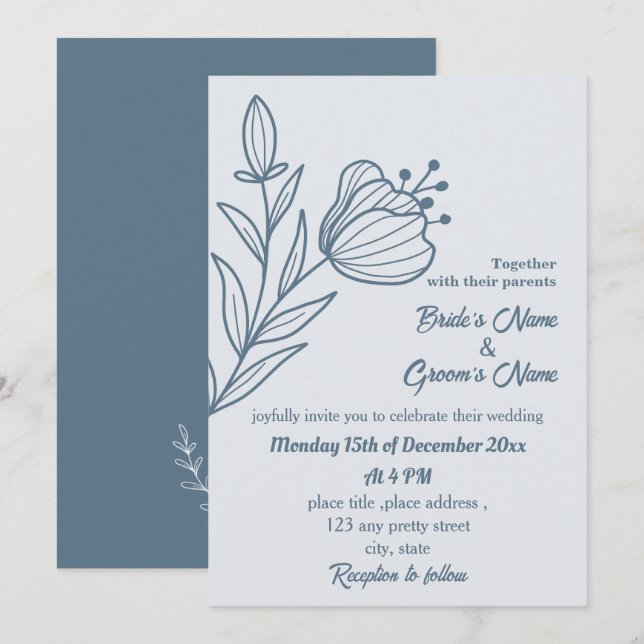 Invitation Romantique élégant bleu foncé mariage (Devant / Derrière)