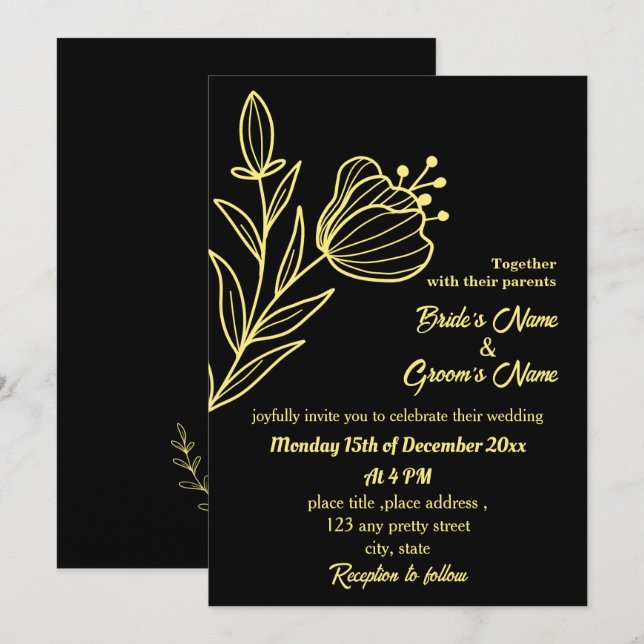 Invitation Romantique élégante fleur d'or noir (Devant / Derrière)