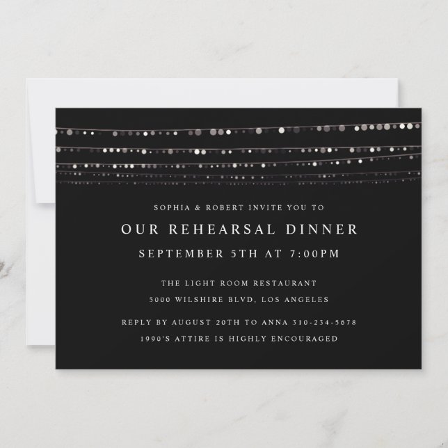 Invitation Romantique Fairy Lights Dîner de répétition Noir (Devant)