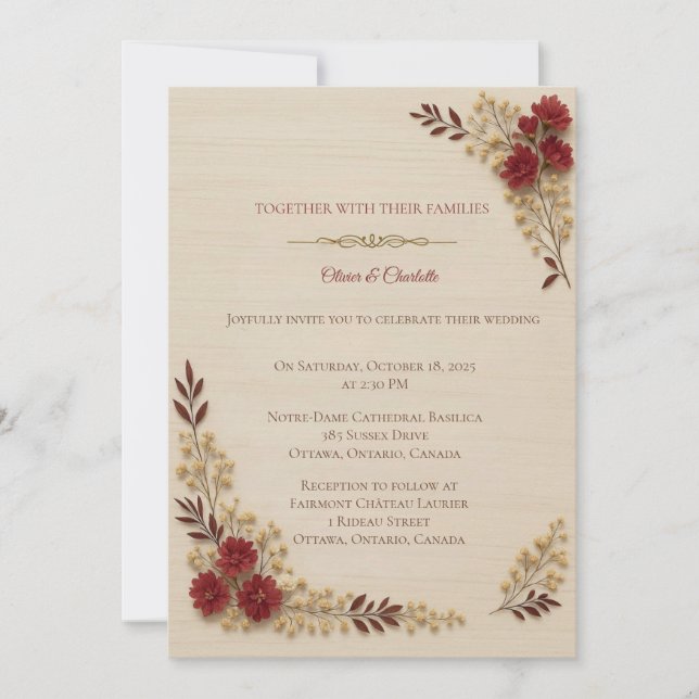 Invitation Romantique Fleurs Beige Faire-Part de M (Devant)