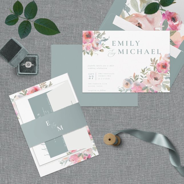 Invitation Romantique Fleurs de chalet Blush Blue Sage Invita (Créateur téléchargé)