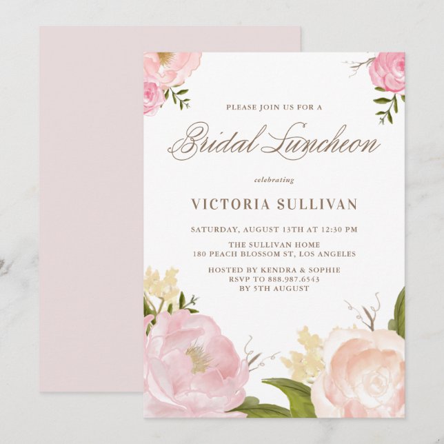 Invitation Romantique Fleurs Roses Roses Roses Déjeuner nupti (Devant / Derrière)