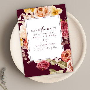Invitation Romantique Floral Bourgogne Profond Enregistrez la