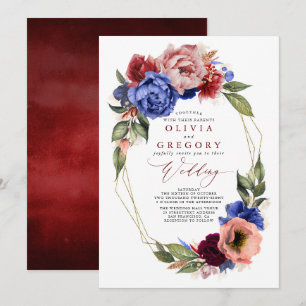 Invitation Romantique Floral Bourgogne rouge et bleu marine M