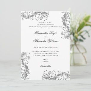 Invitation Romantique Floral Français Rococo Noir Blanc Maria