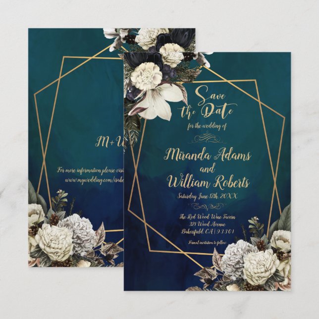 Invitation Romantique Floral Gold Wreath Enregistrer la date  (Devant / Derrière)