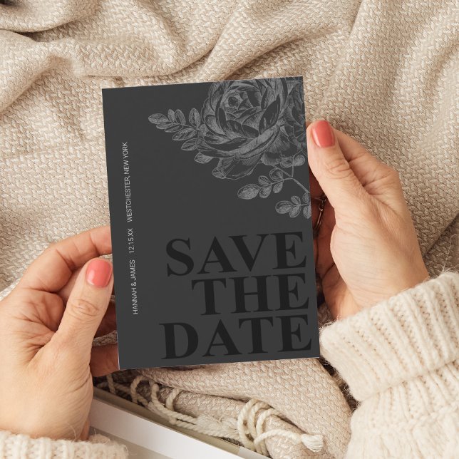 Invitation Romantique Floral noir blanc Enregistrer la date (Créateur téléchargé)