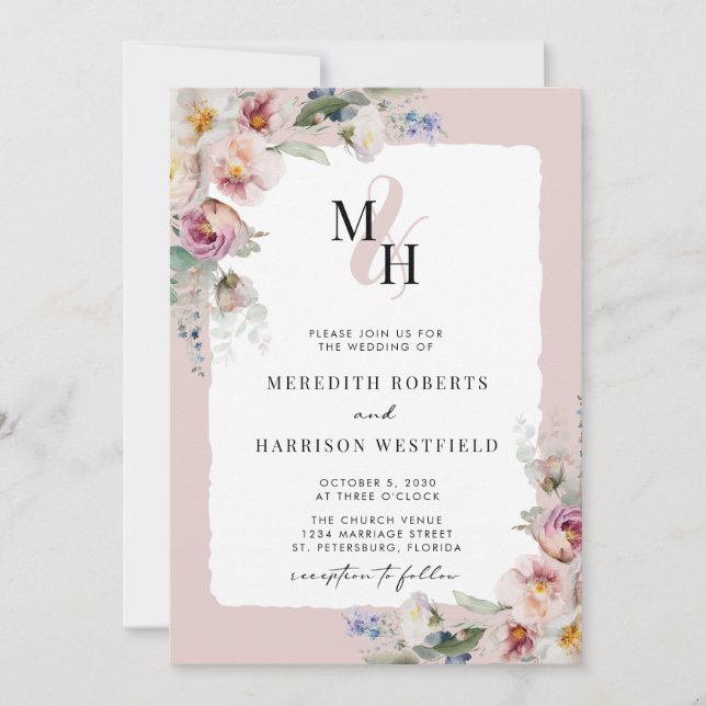 Invitation Romantique Floral QR Code Monogramme Mariage (Devant)