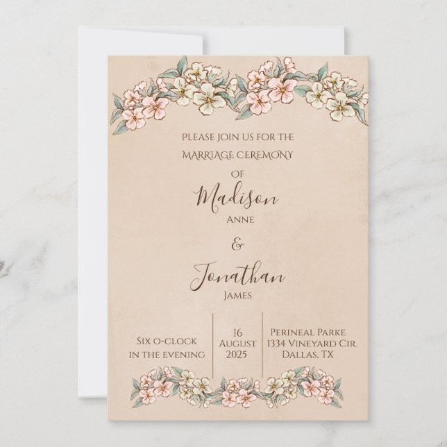 Invitation Romantique Floral Script main tiré jolie Mariage (Devant)