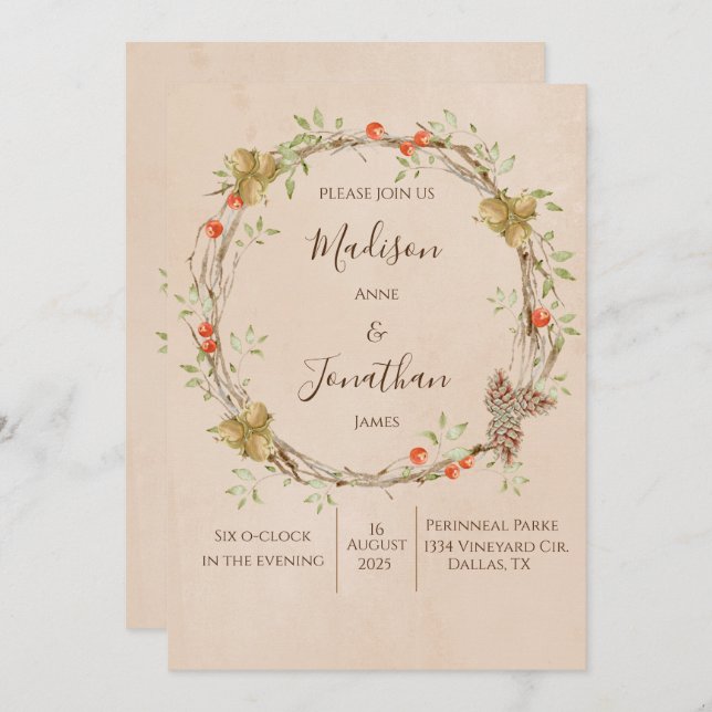 Invitation Romantique Floral Script Wreath Mariage de verdure (Devant / Derrière)