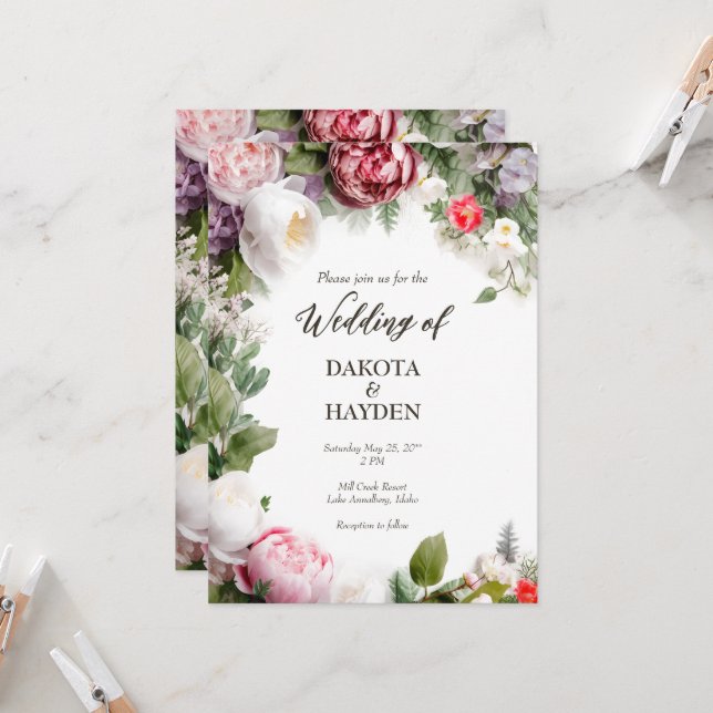 Invitation Romantique floral traditionnel, mariage de script  (Devant/Arrière en situation)