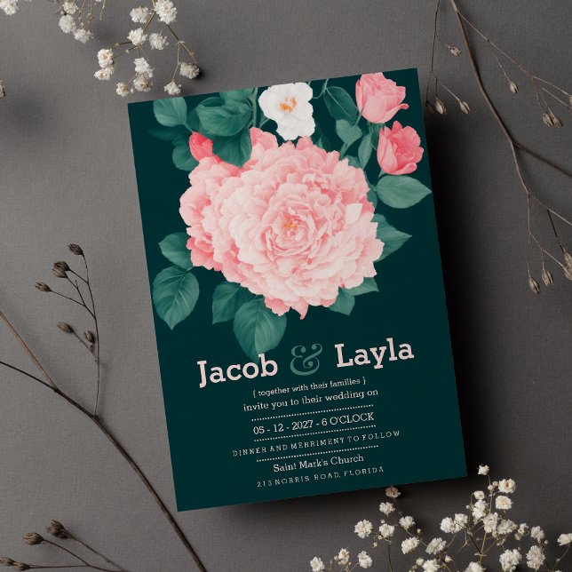 Invitation Romantique forêt vert rose rose rose rose mariage (Romantic forest green pink rose floral wedding)