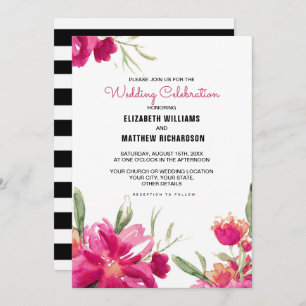 Invitation Romantique Fuchsia Floral Black Stripes Mariage