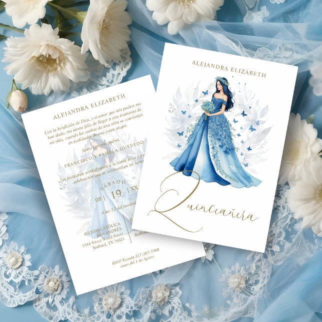 Invitation Romantique Glam espagnol Quinceañera Bleu tons (Romantic Glam Spanish Quinceañera Blue Shades Invitation Card.)