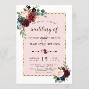 Invitation Romantique Gold Burgundy Marine Blue Floral Mariag
