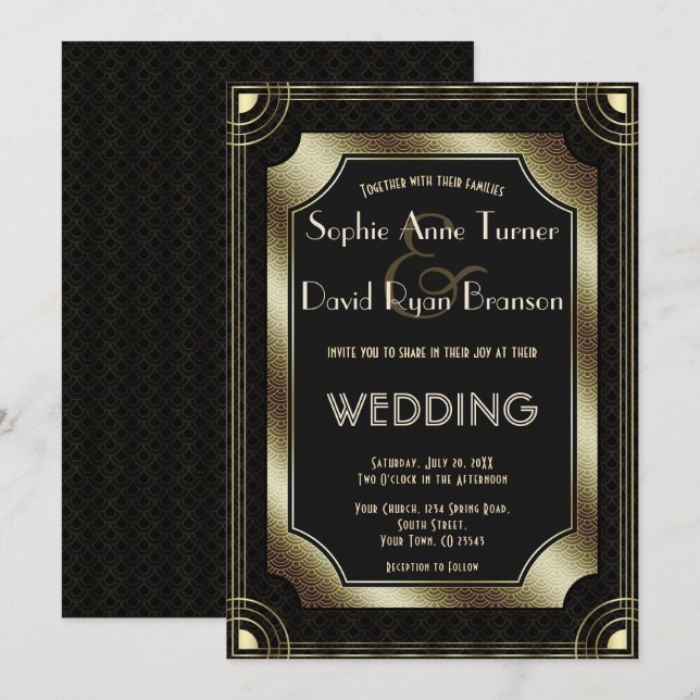 Invitation Romantique Gold Great Gatsby Art Déco Mariage des  (Devant / Derrière)