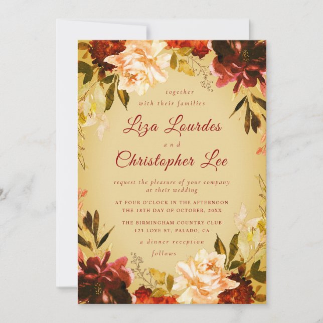 Invitation Romantique Golden Fall Floral Mariage (Devant)