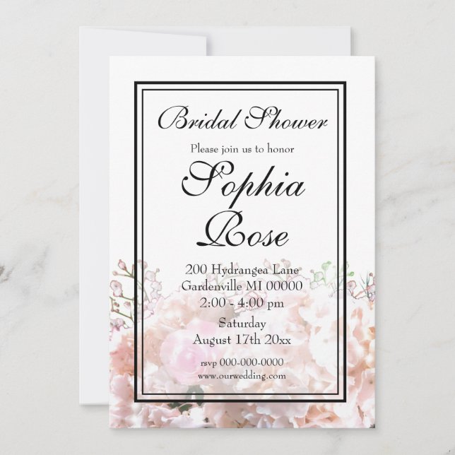 Invitation Romantique hydrangée blanche rose roses douche nup (Devant)