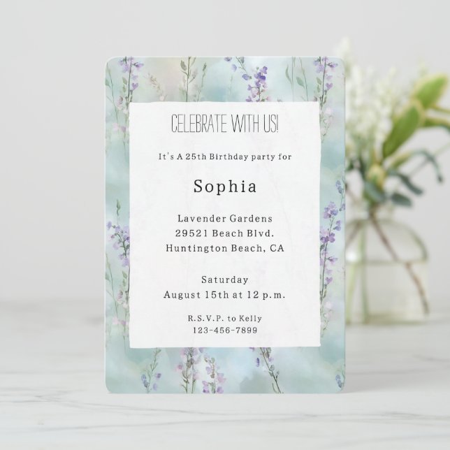 Invitation Romantique Jolie Fleurs violettes Anniversaire (Debout devant)