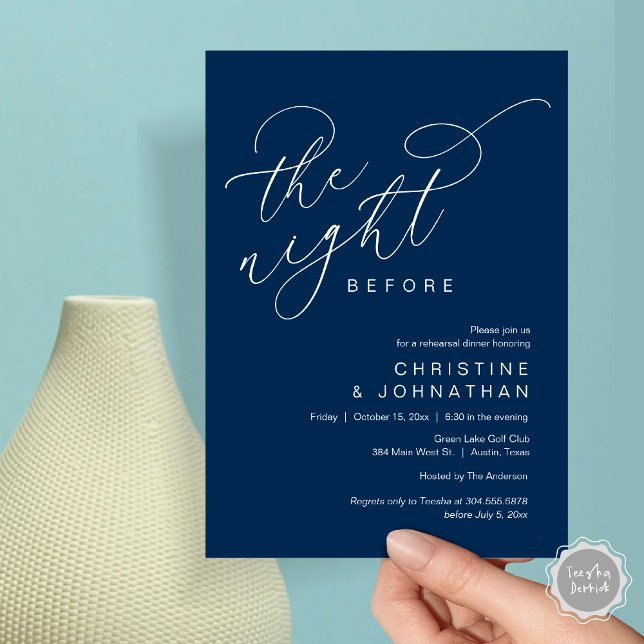 Invitation Romantique La Nuit Avant Le Dîner De Répétition Ma (Romantic The Night Before Wedding Rehearsal Dinner Party Invitation Card, in Classy Navy Blue)
