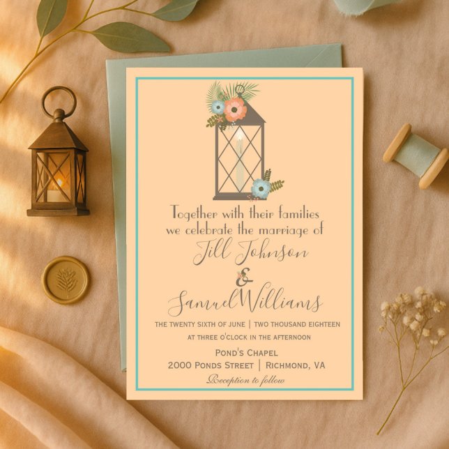 Invitation Romantique Lanterne Pêche molle & Aqua Mariage Flo (Créateur téléchargé)