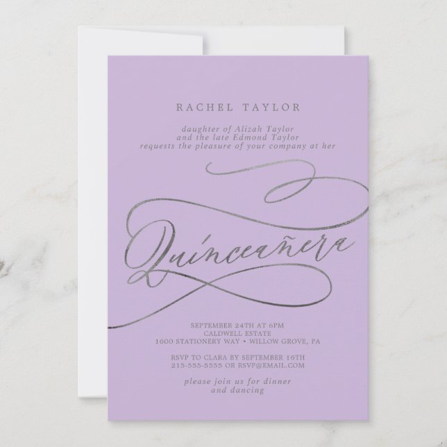 Invitation Romantique Lilac Calligraphie Quinceañera Invitati (Devant)