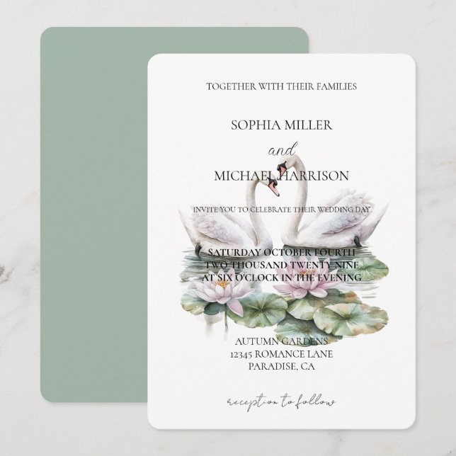Invitation Romantique Lotus rose Floral Swans Mariage (Devant / Derrière)
