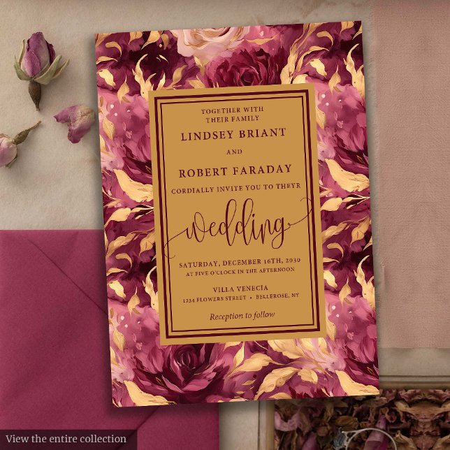 Invitation Romantique Luxe Deep Red Gold FlorMariage (Romantic Luxury Deep Red Gold Floral Wedding Invitation)