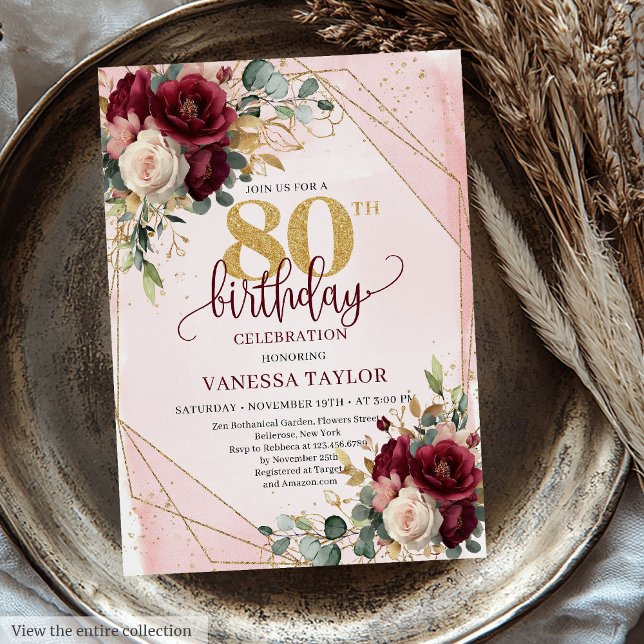 Invitation Romantique Marsala Blush Gold Flowers 80e annivers (Romantic Marsala Blush Gold Flowers 80th Birthday Invitation)