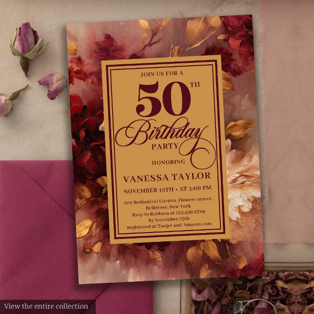 Invitation Romantique marsala blush or floral 50e anniversair (Romantic marsala blush gold floral 50th birthday card

)