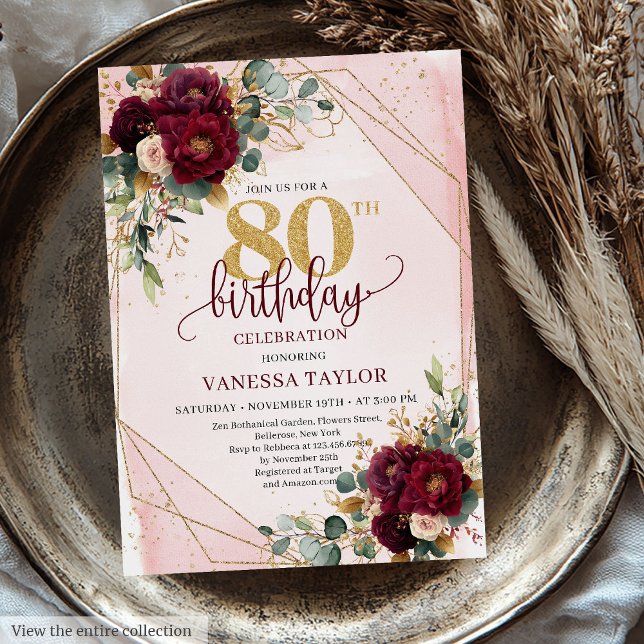 Invitation Romantique Marsala White Gold Flowers 80e annivers (Romantic Marsala White Gold Flowers 80th Birthday Invitation)