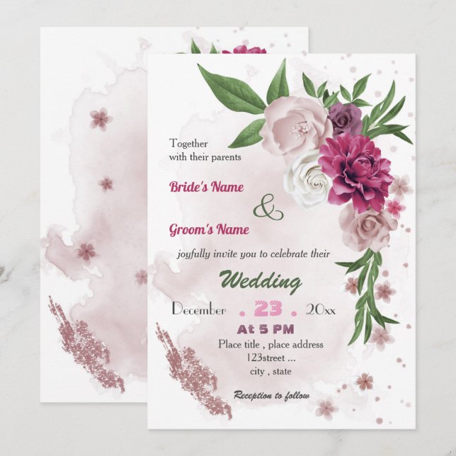 Invitation romantique mauve mariage (Devant / Derrière)