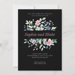 Invitation Romantique moderne Fleur sauvage Mariage noir