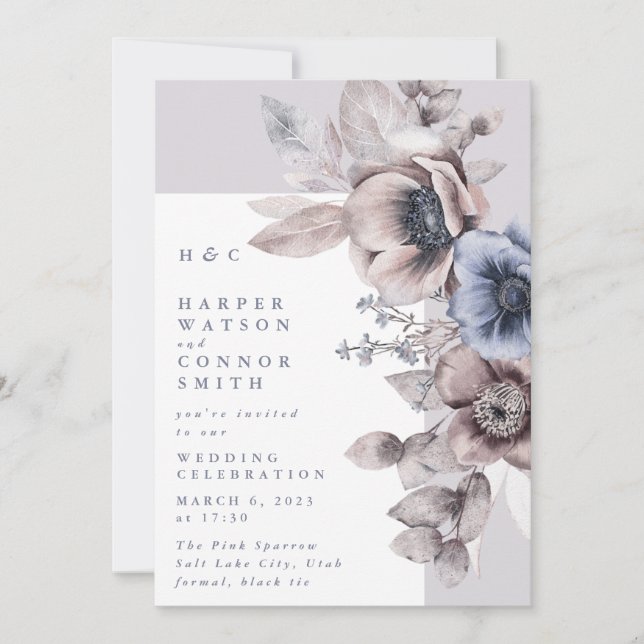 Invitation Romantique Moderne Lumière Moody Hiver Floral Mari (Devant)