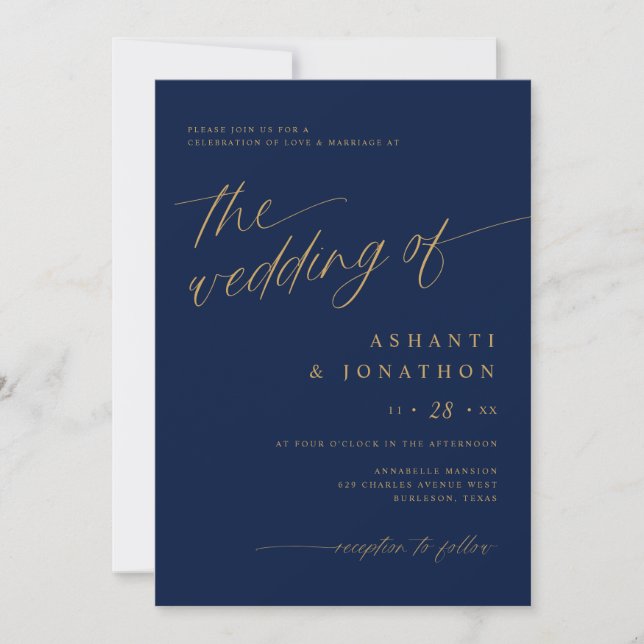 Invitation Romantique moderne Marine bleu or tout en un Maria (Devant)