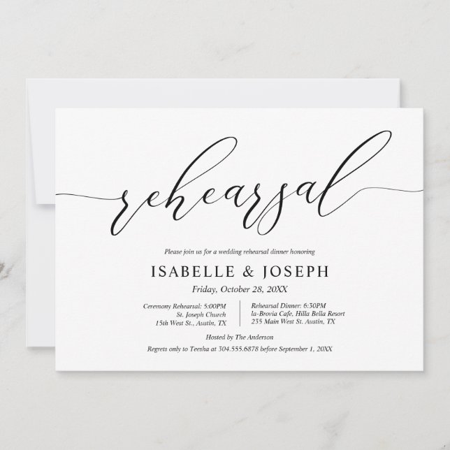 Invitation Romantique moderne, répétition Mariage et dîner (Devant)