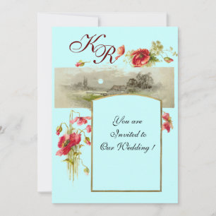 Invitation ROMANTIQUE MONOGRAMME / COQUELICOTS,rouge,vert,ble