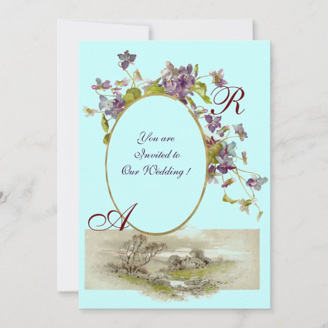 Invitation ROMANTIQUE MONOGRAMME / VIOLETTES, vert violet, bl (Devant)