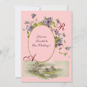 Invitation ROMANTIQUE MONOGRAMME / VIOLETTES, vert violet, ro